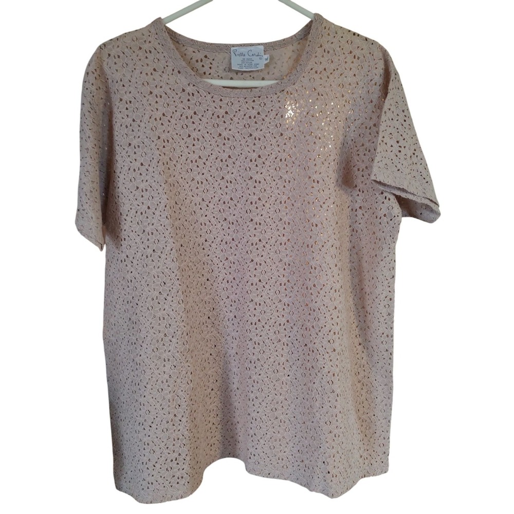 Pierre Cardin Floral Eyelet‎ Shirt Short Sleeve Pull Over Peach Womens Size XL